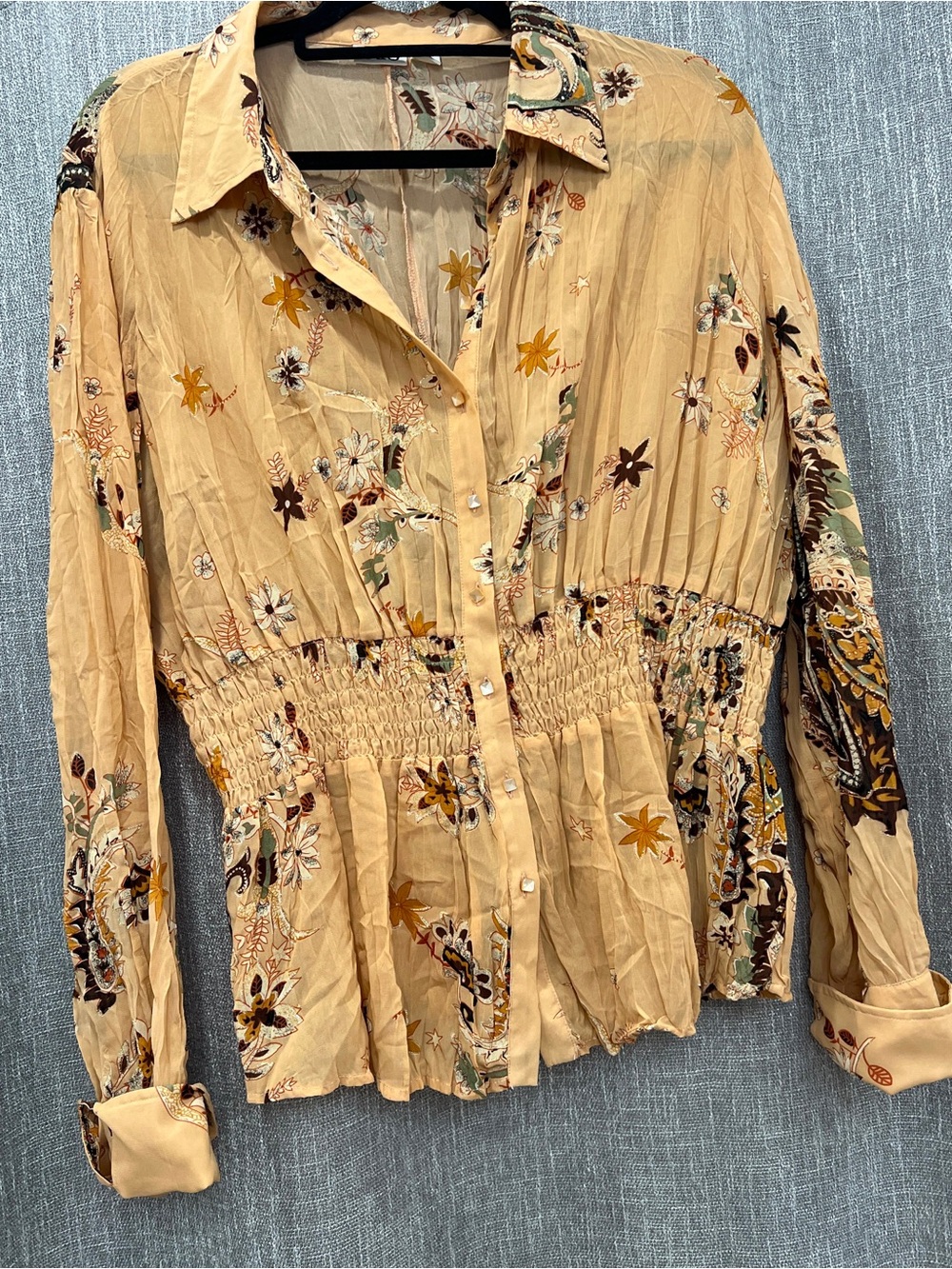 Cato Beige Floral Smocked-Waist Button Front Blouse
